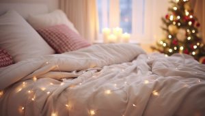 bed with holiday decor and lights
